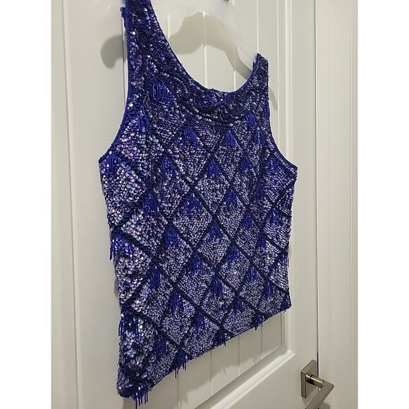 Idell Imports blue fringed beaded sequined cocktail top sleeveless wool Sz M Mod - Picture 11 of 12